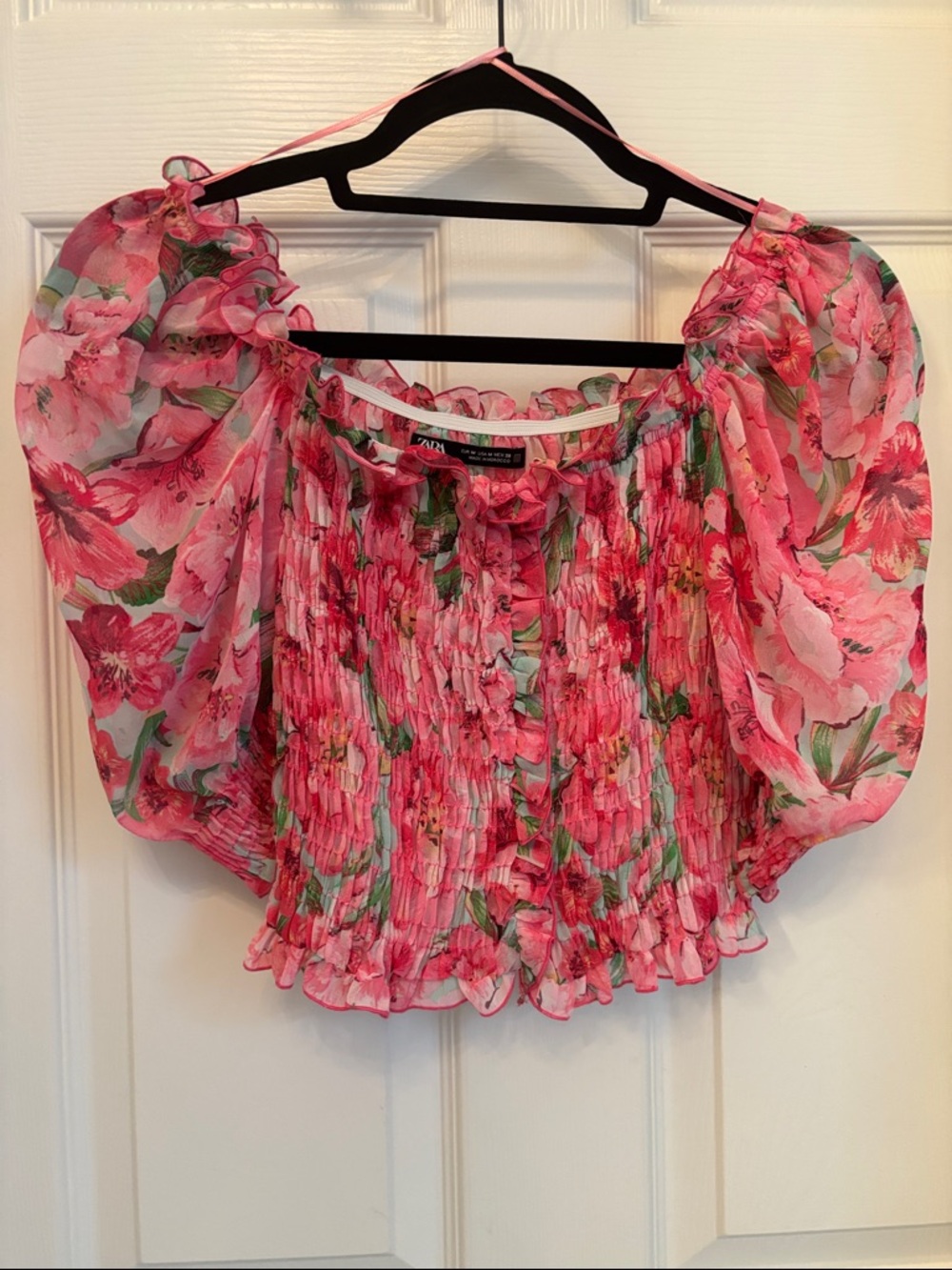 Pink Floral Off-Shoulder Smocked Crop Top